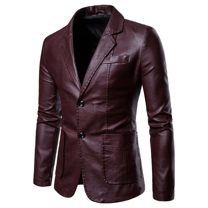 Herren Slim-Fit Kunstleder-Blazer mit Revers, Knopfleiste und aufgesetzten Taschen Drune