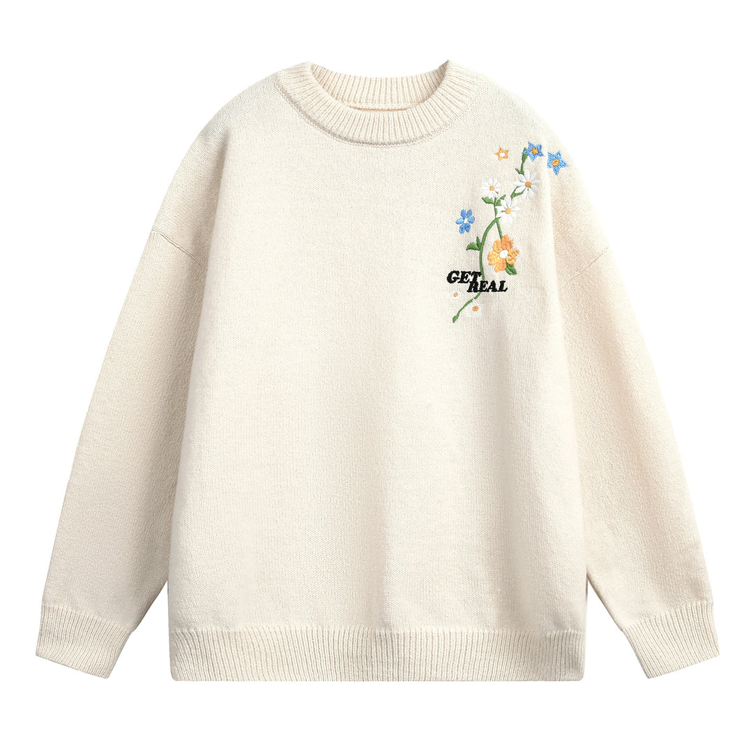Damen Weit geschnittener Rundhals‑Strickpullover mit floraler Stickerei Drune
