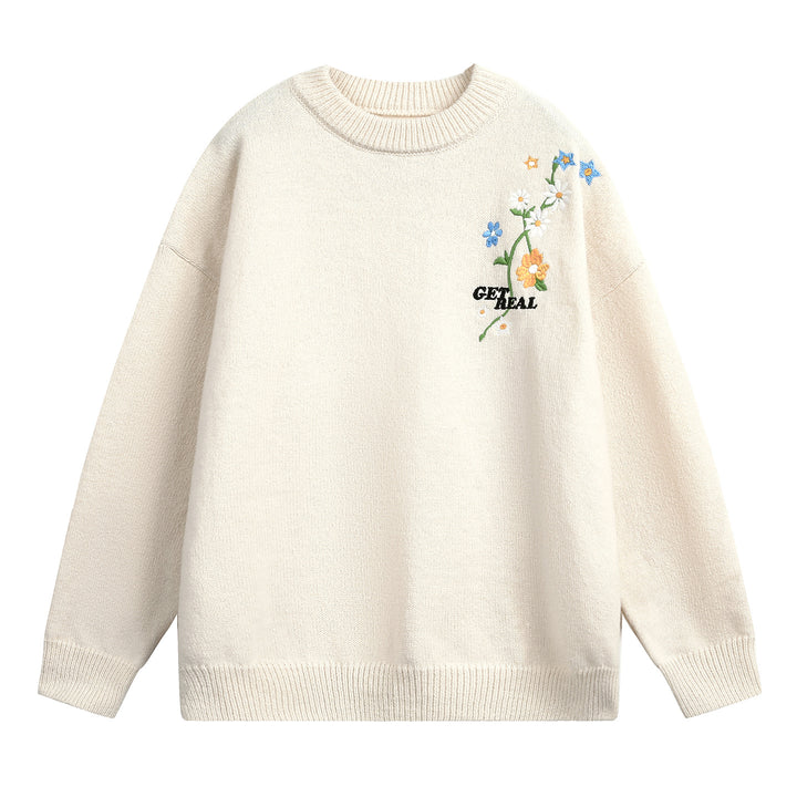 Damen Weit geschnittener Rundhals‑Strickpullover mit floraler Stickerei Drune