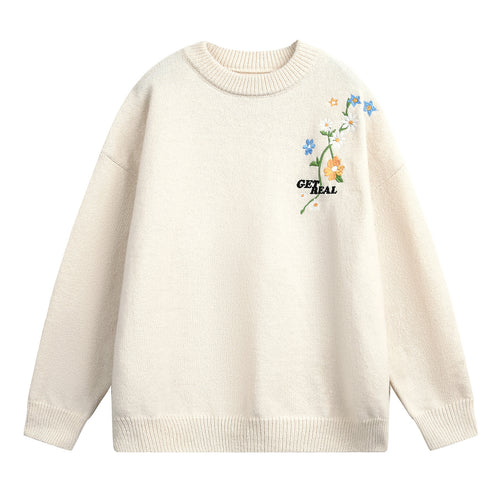 Damen Weit geschnittener Rundhals‑Strickpullover mit floraler Stickerei Drune