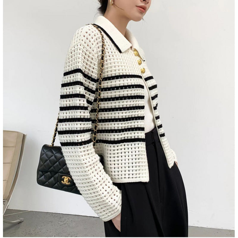 Damen Strickcardigan mit maritimem Streifenmuster und Knopfdetails Drune
