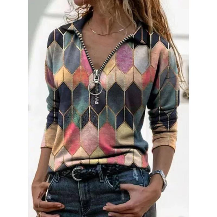Damen Zip-Pullover mit Polokragen, grafischem Rautenprint und schmaler Passform Drune