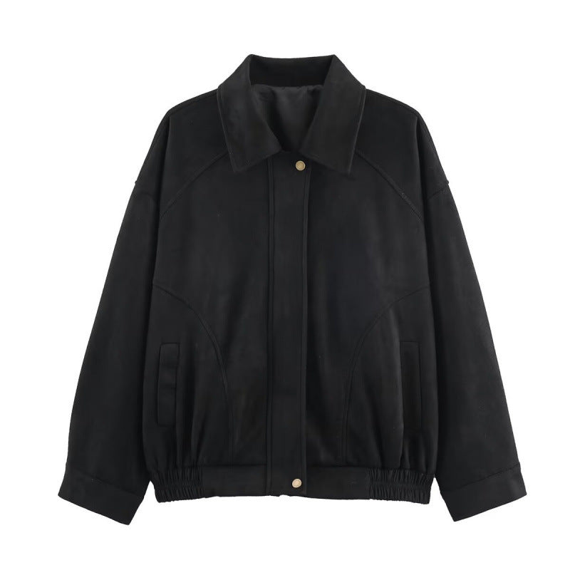 Damen Modische Kunstlederjacke mit elastischem Bund und Eingrifftaschen Drune