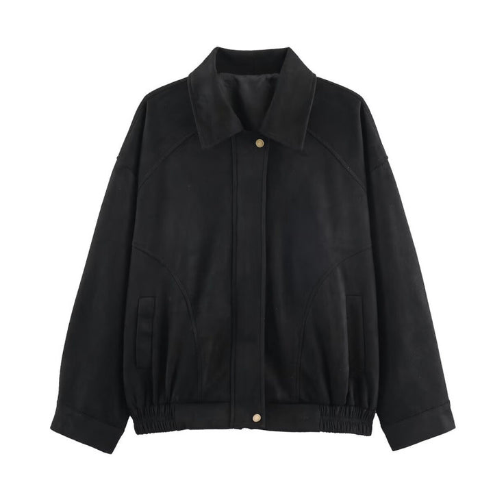 Damen Modische Kunstlederjacke mit elastischem Bund und Eingrifftaschen Drune