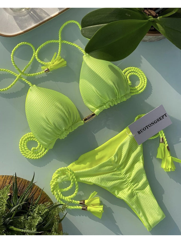 Damen Triangel-Bikini mit modischem Leopardenmuster und dekorativen Quasten Drune