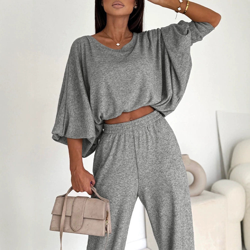 Damen Lässiges Strick-Lounge-Set mit Fledermausärmeln und High-Waist-Joggpants Drune