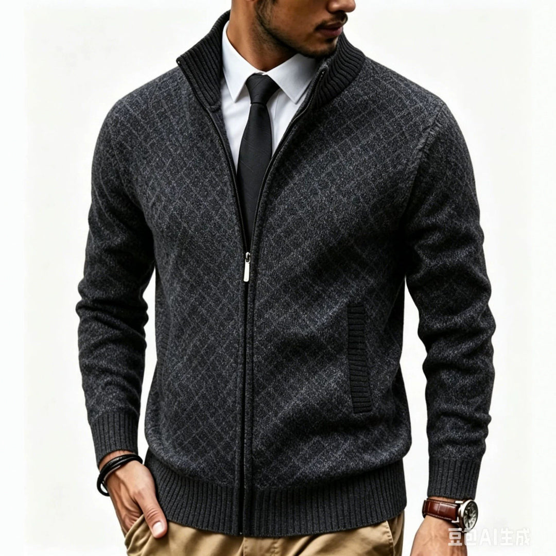 Herren Strukturierte Strickjacke mit Stehkragen und Diamant-Jacquard Drune