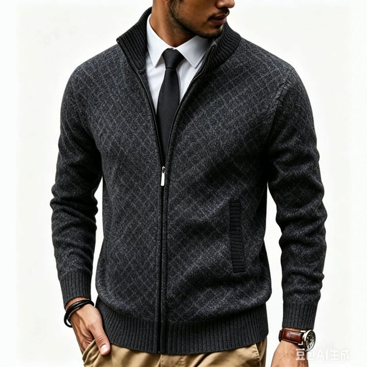 Herren Strukturierte Strickjacke mit Stehkragen und Diamant-Jacquard Drune