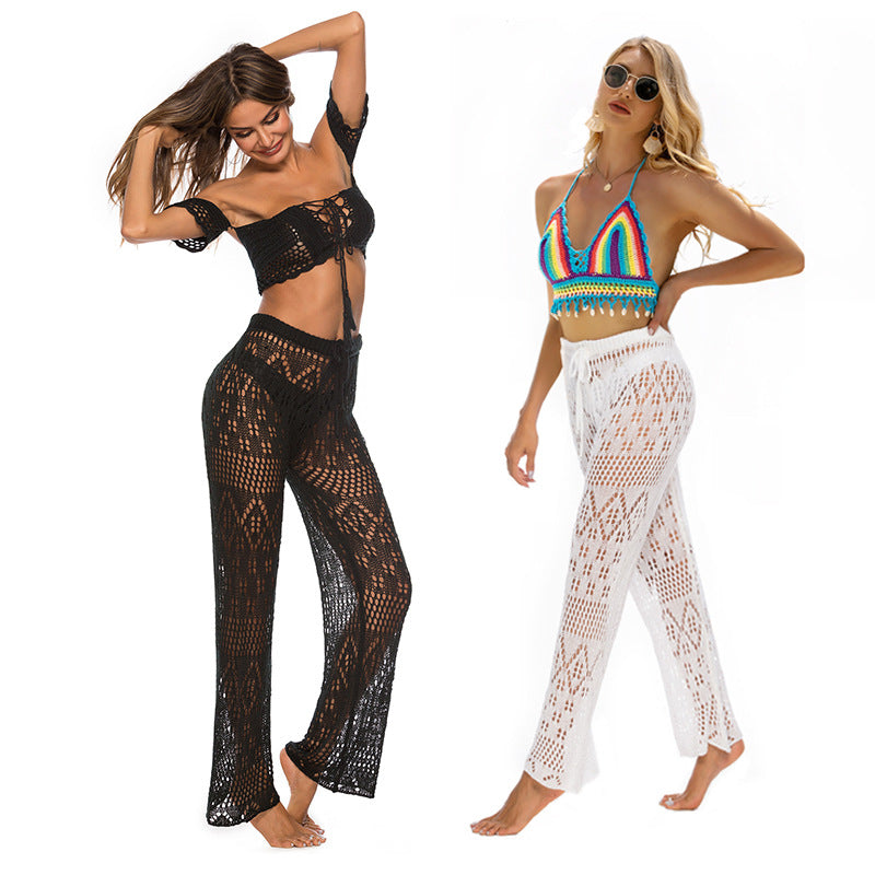 Damen Häkel-Strandhose mit weitem Schnitt und modernem Lochdesign Drune