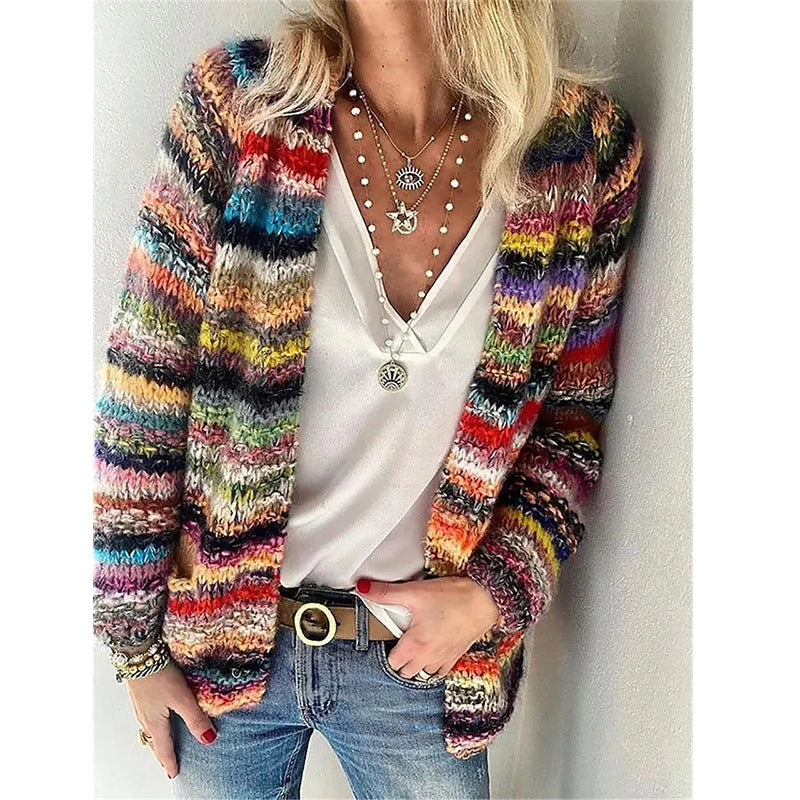 Damen Offen gestrickte Cardigan mit bunten Streifen und lässigem Schnitt Drune