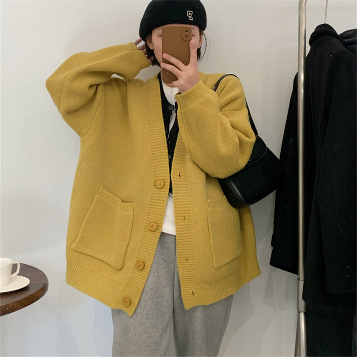 Damen kuschelige Strickjacke mit großen Taschen und durchgehendem Knopfverschluss Drune