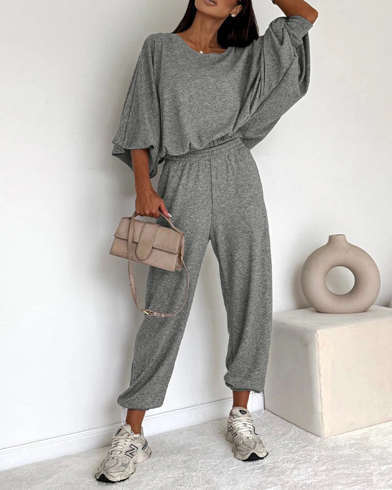 Damen Lässiges Strick-Lounge-Set mit Fledermausärmeln und High-Waist-Joggpants Drune
