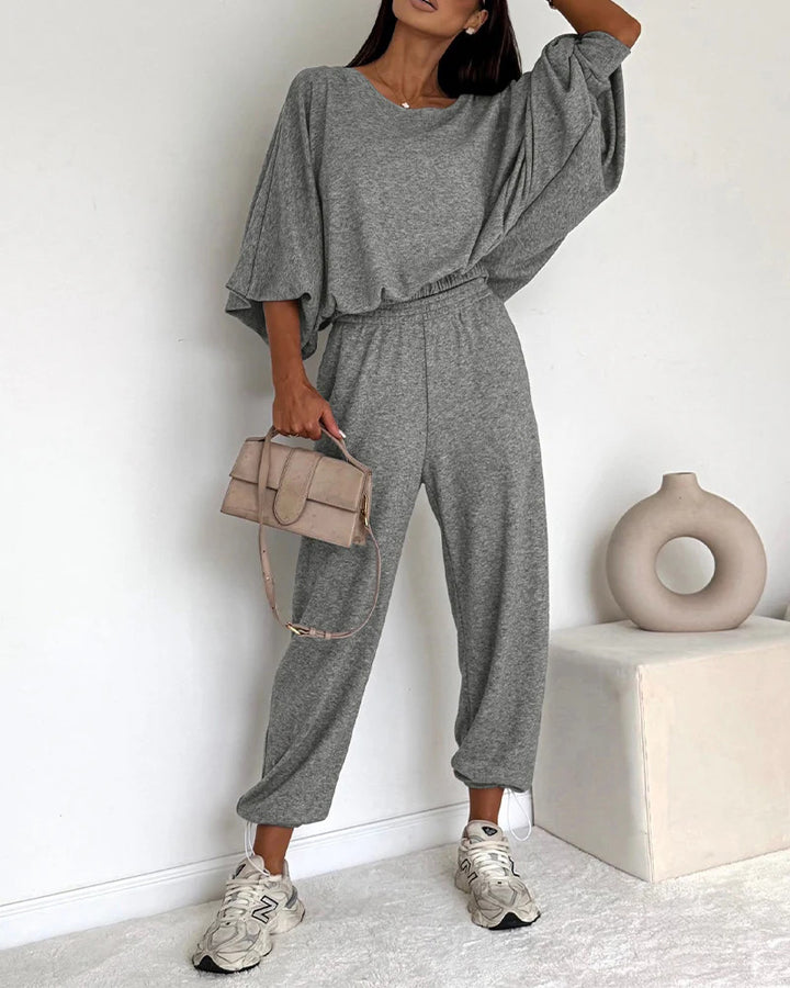 Damen Lässiges Strick-Lounge-Set mit Fledermausärmeln und High-Waist-Joggpants Drune