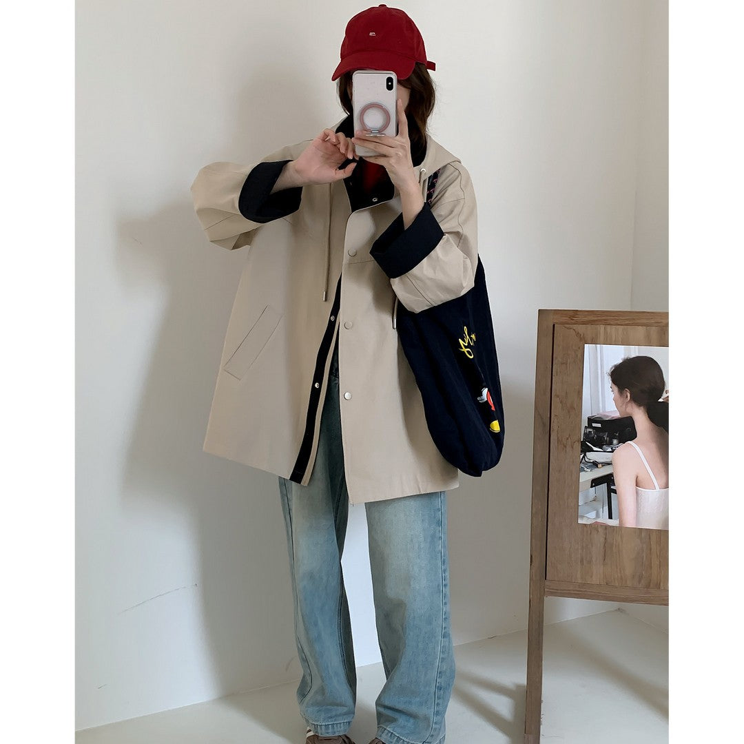 Damen Oversize Kapuzenjacke mit kontrastiertem Saum und Druckknopfleiste Drune