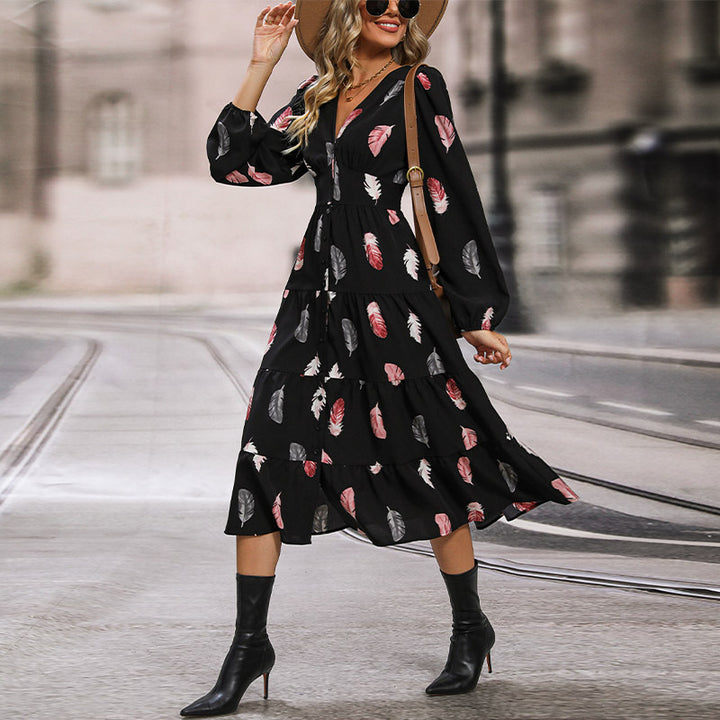 Damen Langarm Kleid mit Federprint Drune
