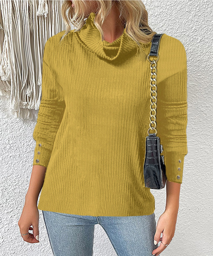 Damen Rippschneider Rollkragenpullover mit 3/4-Ärmeln und dekorativer Knopfleiste Drune