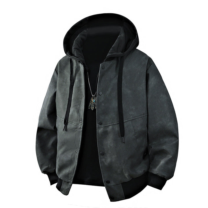Herren Veloursleder‑Optik Kapuzenjacke mit Druckknopfblende, Oversize‑Schnitt & gerippten Bündchen Drune