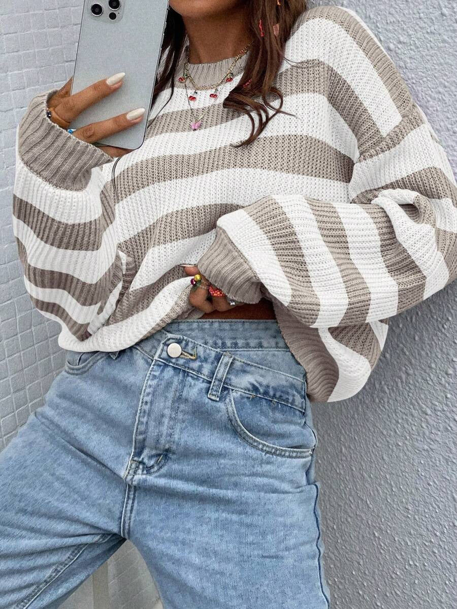 Damen modischer Strickpullover mit breiten Blockstreifen Drune