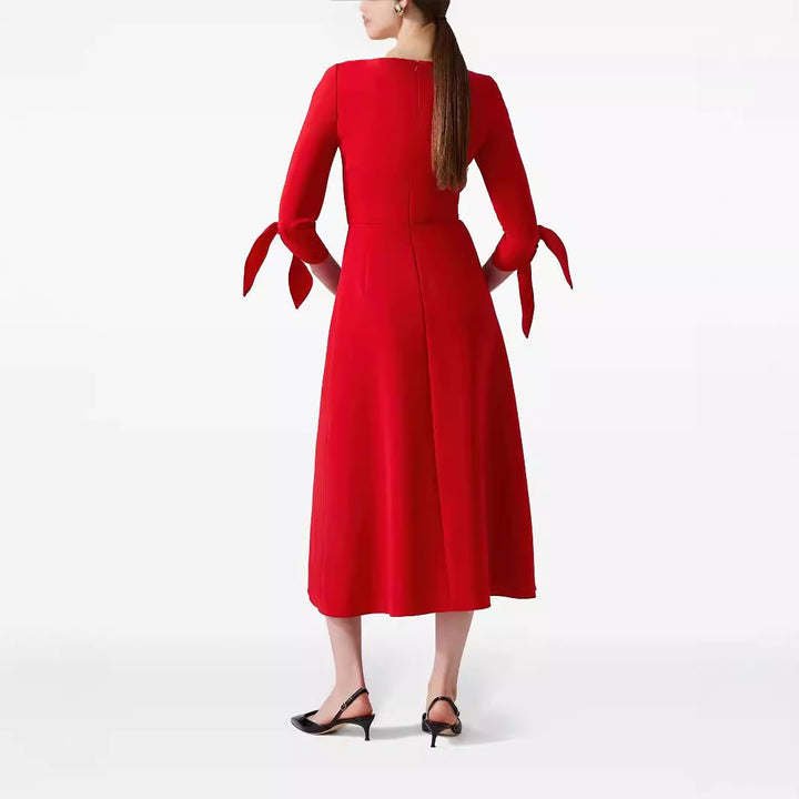 Damen Tailliertes Midikleid mit V-Ausschnitt und Schleifenmanschetten Drune