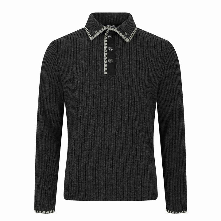 Herren Gerippter Polokragen-Pullover mit Ziernaht und Knopfleiste Drune