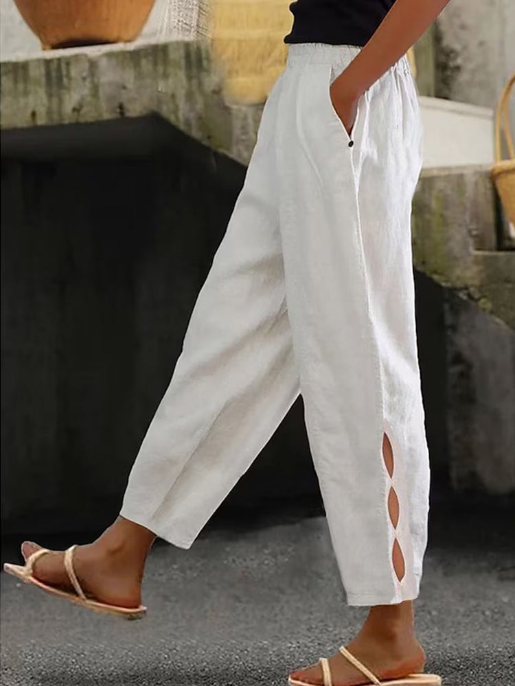 Damen Leichte Leinenhose mit seitlichen Schlitzen und elastischem Bund Drune