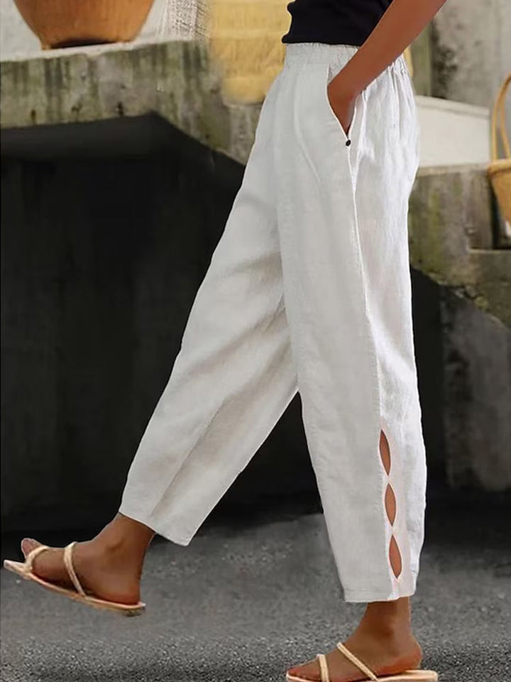 Damen Leichte Leinenhose mit seitlichen Schlitzen und elastischem Bund Drune