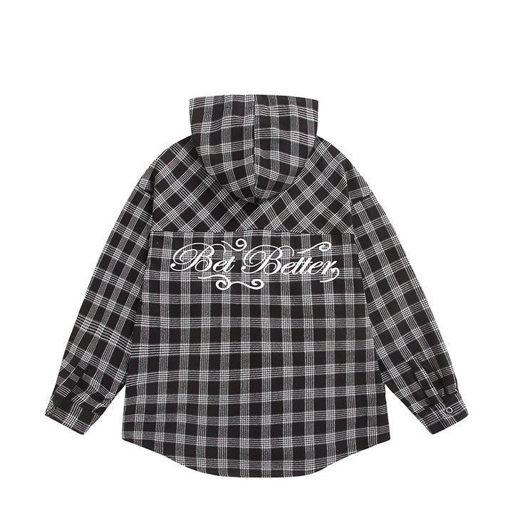 Unisex Kariertes Kapuzen-Overshirt aus Flanell mit Logostickerei und Oversize-Schnitt Drune