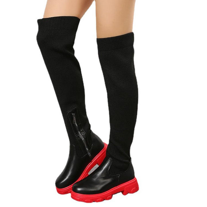 Damen Overknee-Stiefel mit zweifarbiger Plateau-Lugsohle und geripptem Strickschaft Drune