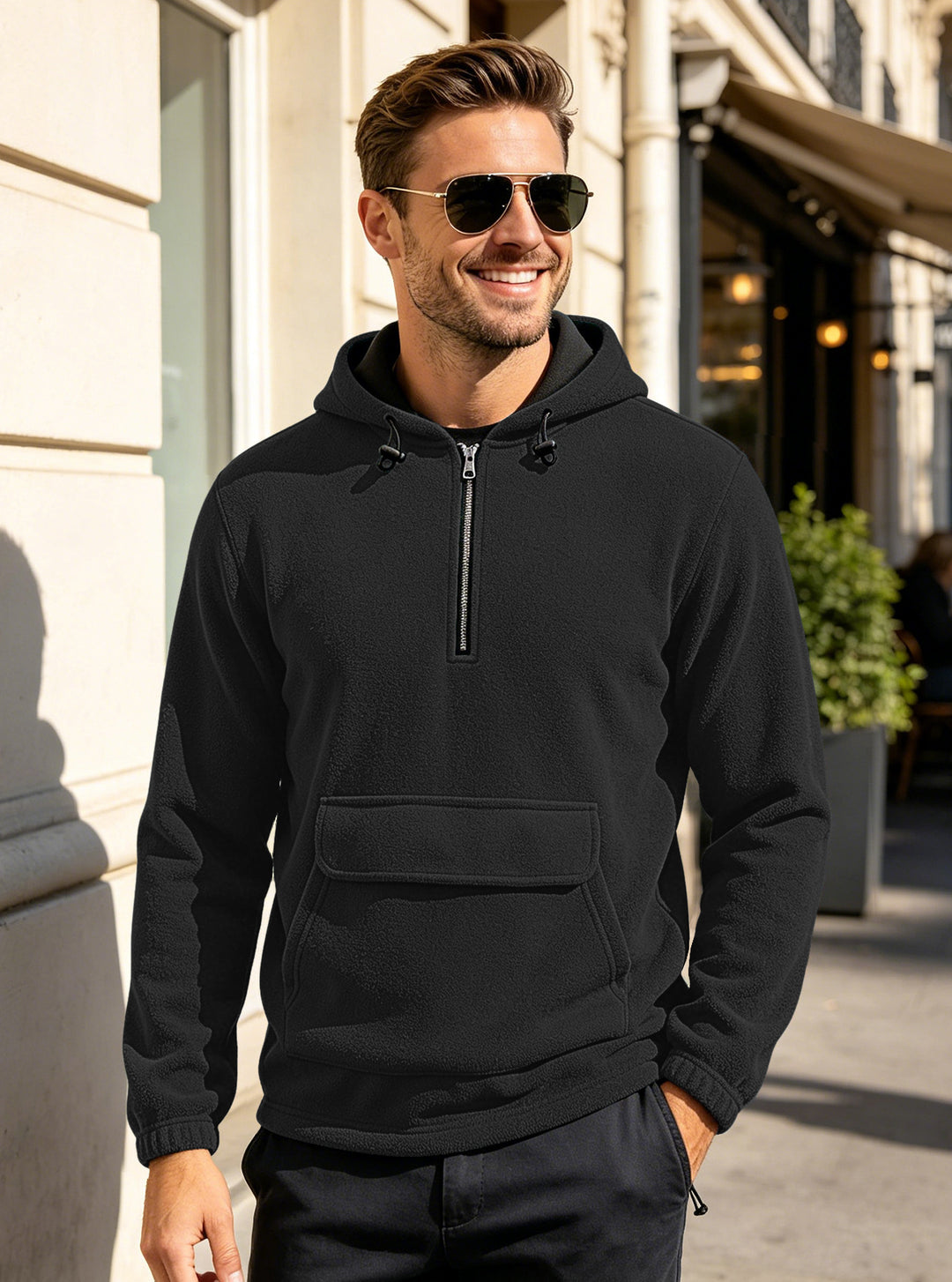 Herren Fleece-Hoodie mit halbem Reißverschluss, Kängurutasche und verstellbarer Kapuze Drune