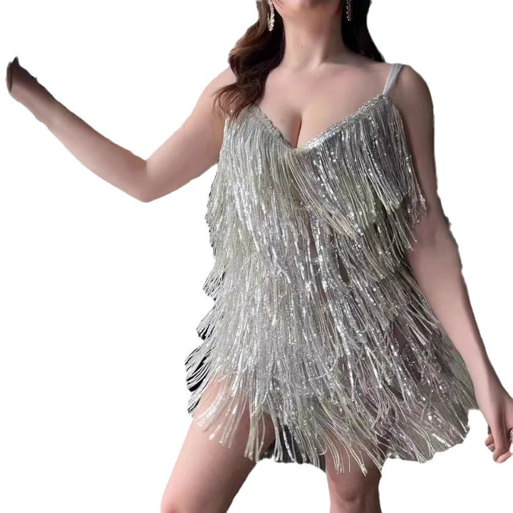 Damen Funkelndes Fransenminikleid mit halbem Hals Drune
