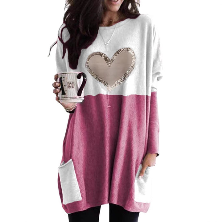 Damen Oversized Lange Pullover Tunika mit Pailletten-Herz und aufgesetzten Taschen Drune