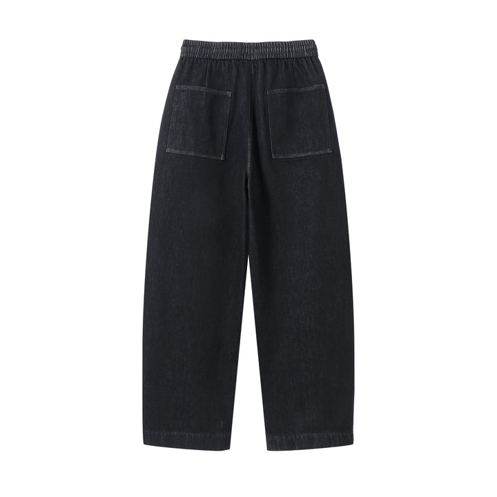 Damen weite Cropped-Denimhose mit elastischem Bund, Tunnelzug und Eingrifftaschen Drune