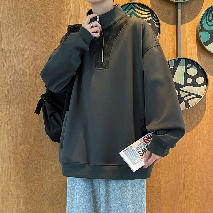 Herren Oversize Stehkragen-Halbzip-Sweatshirt mit Kängurutasche & Kontrast-Innenblende Drune