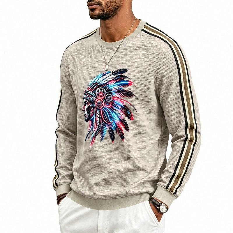 Herren Sweatshirt mit stilisiertem Kopfschmuck-Print und Kontraststreifen an den Ärmeln Drune