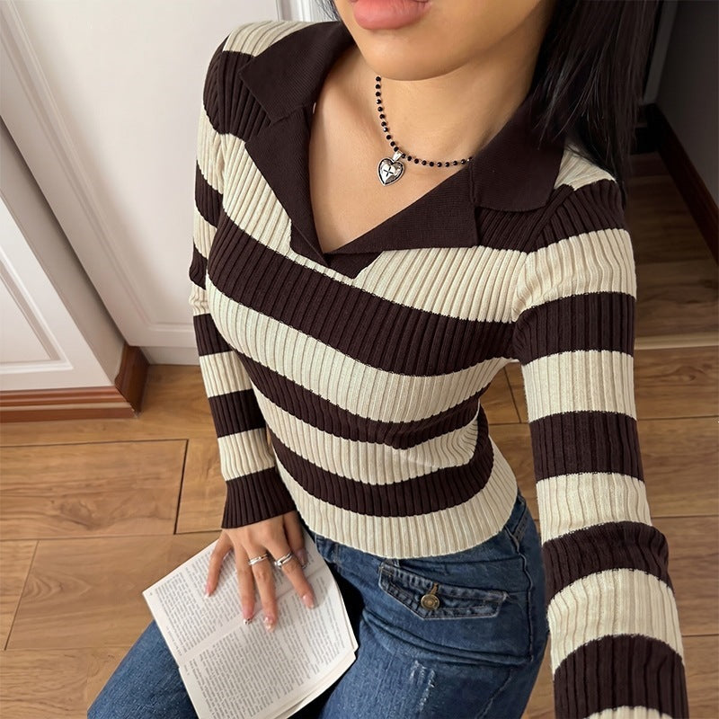 Damen Langarm Strickoberteil mit Polo-Kragen Drune