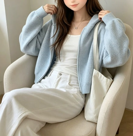 Damen Bequemer Strick-Hoodie mit Reißverschluss Drune