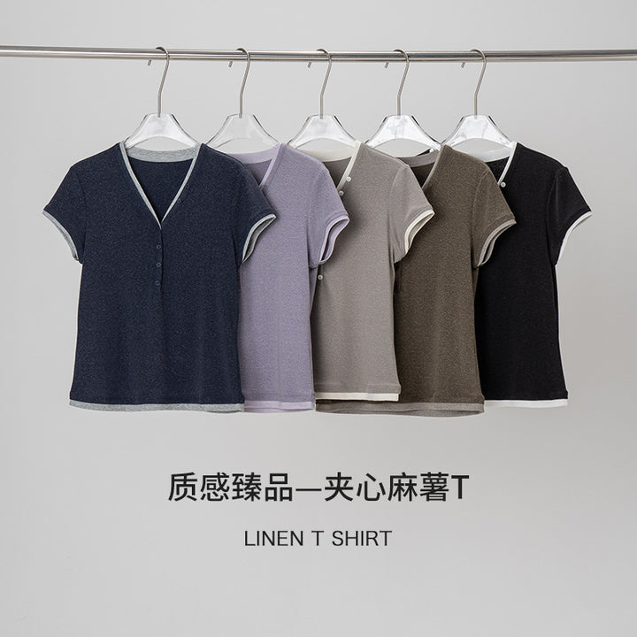 Damen Kurzärmeliges V-Ausschnitt-Henley-Shirt aus Stretch-Jersey mit feiner Knopfleiste Drune