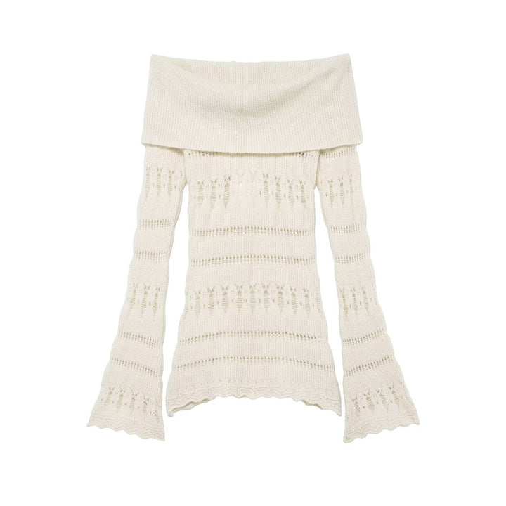 Damen Off-Shoulder Feinstrickpullover mit überfallendem Rollkragen und Trompetenärmeln Drune