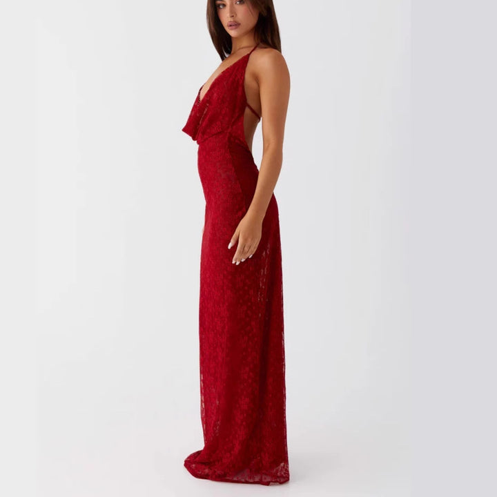 Damen Elegantes Abendkleid aus feiner Spitze mit tiefem V-Ausschnitt Drune