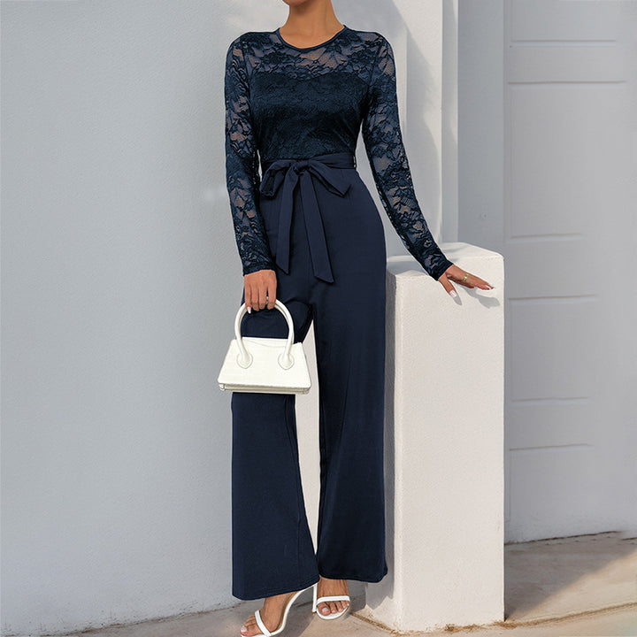 Damen Jumpsuit mit elegantem Spitzenoberteil und taillierbarem Gürtel Drune