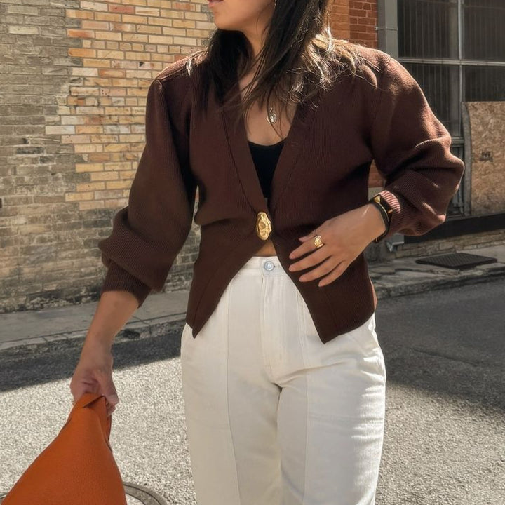 Damen modischer Strickcardigan mit tiefem V-Ausschnitt und dekorativem Knopf Drune
