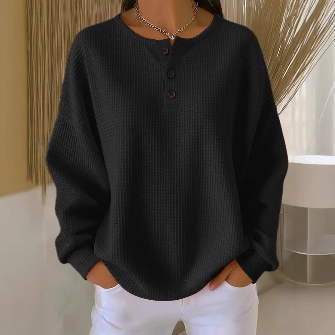 Damen Oversize Waffelstrick-Henleyshirt mit Knopfleiste und Rundhalsausschnitt Drune