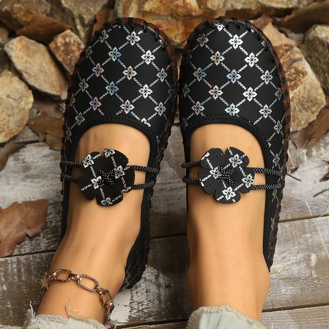Damen nan flache Mokassin-Ballerina mit Paisley-Laserprint elastischem Kordelverschluss handgenähter Rahmennaht und flexibler profilter Laufsohle Drune