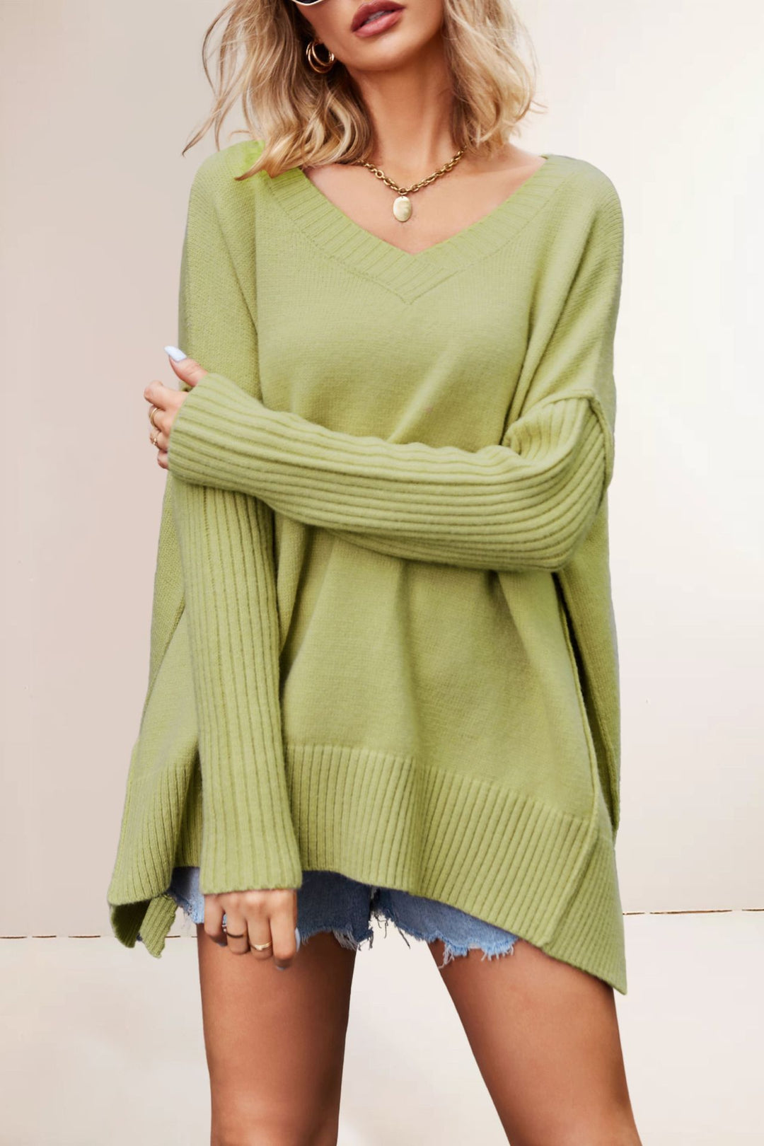 Damen oversized V-Ausschnitt Pullover mit strukturierten Ärmeln Drune