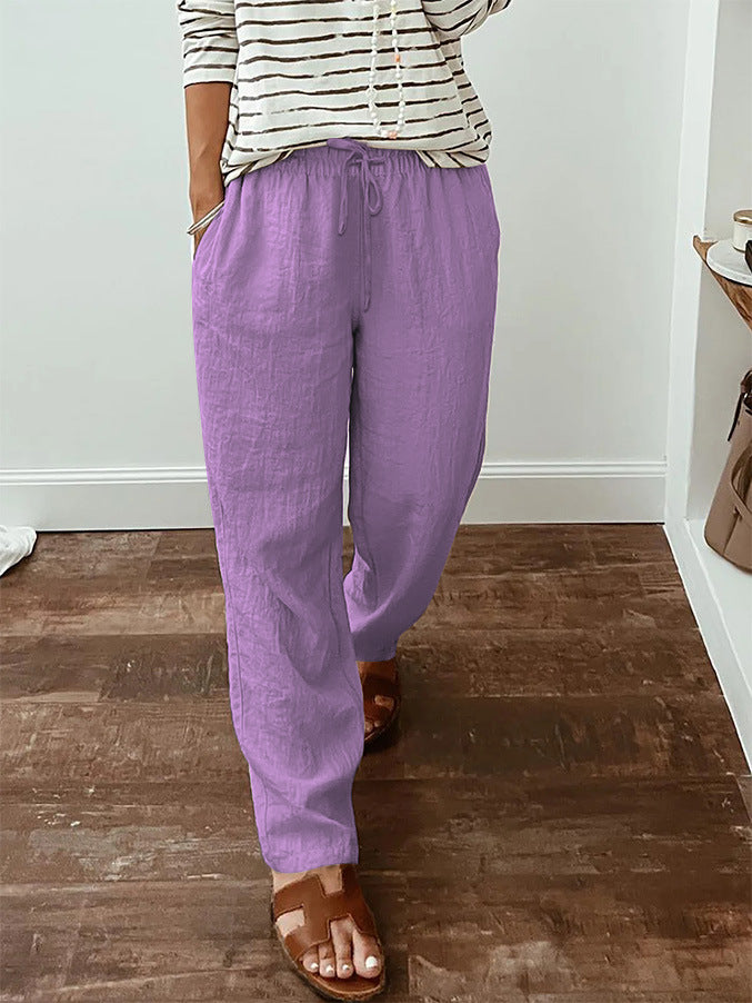 Leichte Damen-Leinenoptik-Hose mit elastischem Kordelzug, Fronttaschen und weitem Bein Drune