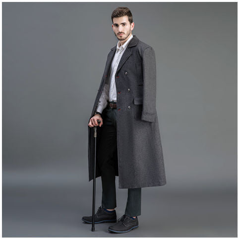 Herren Doppelreihiger Wollmantel mit Schalkragen und langer Silhouette Drune