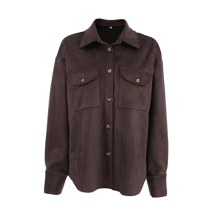 Damen Modische Suede Oversized Hemdjacke mit praktischen Taschen Drune