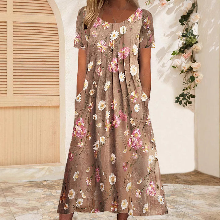 Damen nan Blumenswing-Midikleid mit Rundhalsausschnitt, Eingrifftaschen und strukturierter Crêpe-Qualität Drune