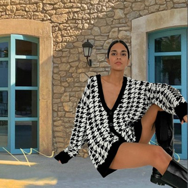 Damen Modische Strickjacke im Hahnentrittmuster Drune