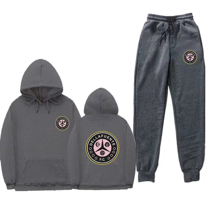 Damen bequeme Freizeit-Lounge-Anzug mit Kängurutasche und modernem Logo Drune